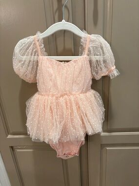 Arabella and Rose Pink Tulle Dot Puff Sleeve Baby Dress Romper